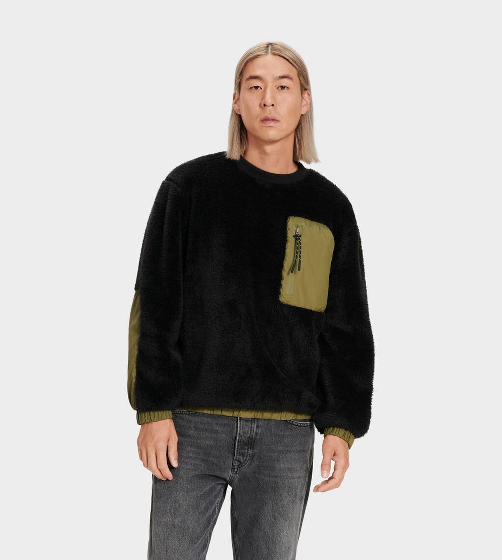 Ugg Niko Sherpa Crewneck - Mens Pullover - Black / Olive - NZ (4089BYNHL)